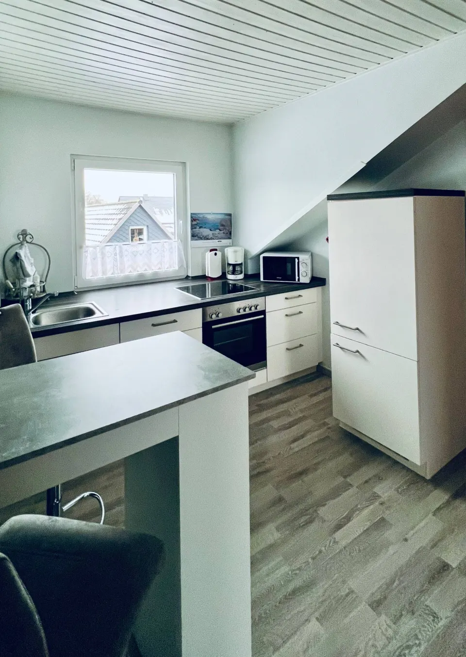 Küche mit Kühlschrank, Mikrowelle und Spüle
